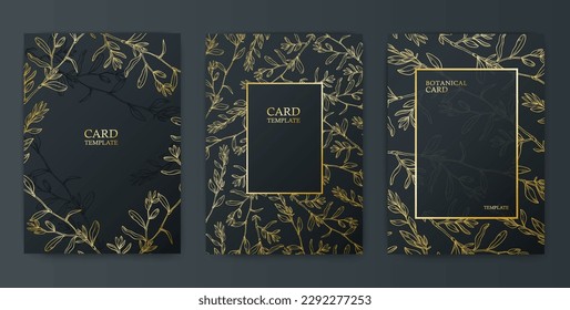 Gold color cards with floral branches on the dark background. Autumn cards or posters templates for save the date, wedding invites, greeting cards, postcards and seasonal sale