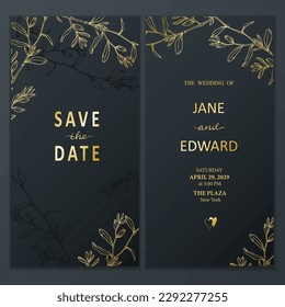 Tarjetas de color dorado con ramas florales en el fondo oscuro. Tarjetas de otoño o posters plantillas para guardar la fecha, invitaciones de boda, tarjetas de felicitación, postales y venta estacional