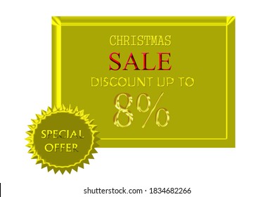 Gold color Christmas sale discount up to 08% seasonal offering poster and banner for all kind of merchandising purposes for goods and services - jewellery offer , jewellery discount , gold business 