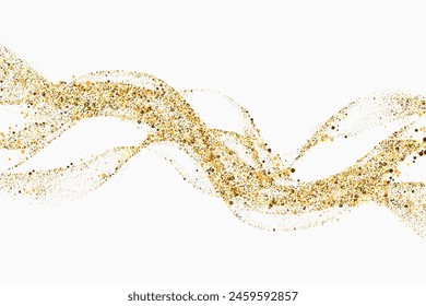 Gold color confetti, abstract wave. Design element of golden lines and waves with glitter effect on a white background.