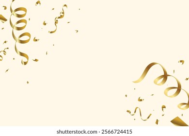 Gold color confetti and ribbons frame design on an off-white background. Confetti and tinsel for birthday, party, anniversary, and festival. Golden confetti and tinfoil vector.