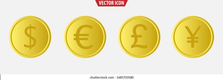 Gold color dollar, euro, yen, pound symbols. Isolated vector illustration.