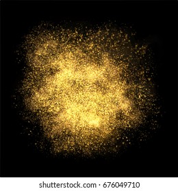 Gold Color Dust Particles Explosion Background, Glowing Glittering Abstract Splash, Sparkling Golden Burst Effect.