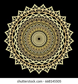 gold color floral mandala on black backgroound. vector illustration