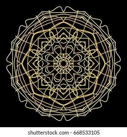 gold color floral mandala on black backgroound. vector illustration