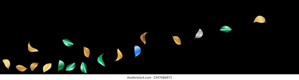 Gold Color Forest Vector Black Panoramic Background Poster. Fly Foliage Banner. Forest Leaves Fresh Plant. Leaf Wind Black.