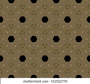 Gold color geometry seamless pattern. Abstract line, shape. Vector illustration. Black background. For design, interior, wallpaper