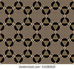 Gold color geometry seamless pattern. Abstract line, shape. Vector illustration. Black background. For design, interior, wallpaper