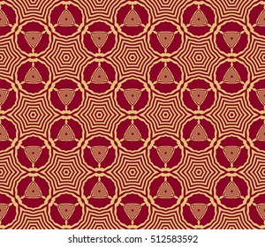 Gold color geometry seamless pattern. Abstract line, shape. Vector illustration. Red background. For design, interior, wallpaper