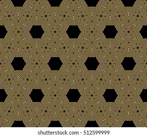Gold color geometry seamless pattern. Abstract line, shape. Vector illustration. Black background. For design, interior, wallpaper