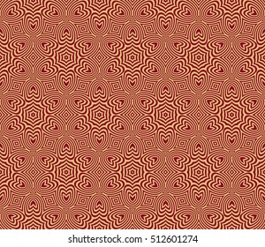 Gold color geometry seamless pattern. Abstract line, shape. Vector illustration. Red background. For design, interior, wallpaper