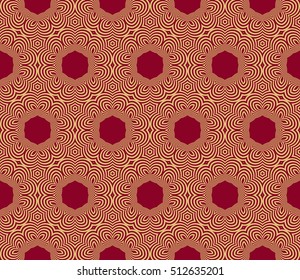 Gold color geometry seamless pattern. Abstract line, shape. Vector illustration. Red background. For design, interior, wallpaper