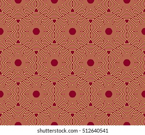 Gold color geometry seamless pattern. Abstract line, shape. Vector illustration. Red background. For design, interior, wallpaper