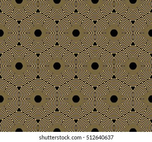 Gold color geometry seamless pattern. Abstract line, shape. Vector illustration. Black background. For design, interior, wallpaper