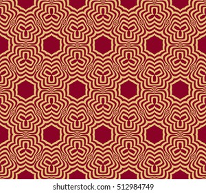 Gold color geometry seamless pattern. Abstract line, shape. Vector illustration. Red background. For design, interior, wallpaper