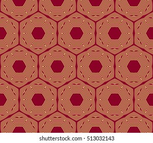 Gold color geometry seamless pattern. Abstract line, shape. Vector illustration. Red background. For design, interior, wallpaper