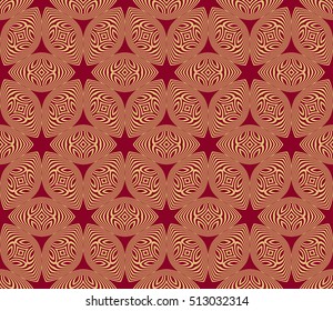 Gold color geometry seamless pattern. Abstract line, shape. Vector illustration. Red background. For design, interior, wallpaper