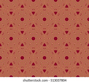 Gold color geometry seamless pattern. Abstract line, shape. Vector illustration. Red background. For design, interior, wallpaper