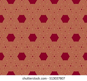 Gold color geometry seamless pattern. Abstract line, shape. Vector illustration. Red background. For design, interior, wallpaper