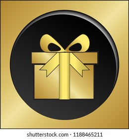 Gold color gift box on the black circle shape on the gold background. ( vector )