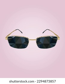 gold color glasses on pink background. gold polygonal sunglasses in black rim