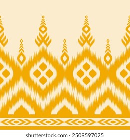 Goldfarbe des Ikat-Musters, thailändisches Kunstdesign, Ikat-Ornament-Stil, Ikat Print. Abstrakte geometrische nahtlose Muster traditionelle Ethik für Dekoration, Kleidung, Stoff, Textil, Mode.