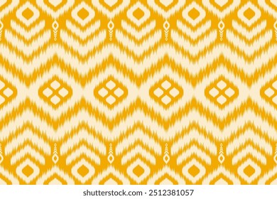 Gold Color of Ikat pattern, Thai art design, Ikat Ornament style, Ikat Print. Abstract geometric seamless pattern traditional ethic for decoration, clothing, fabric, textile, fashion.