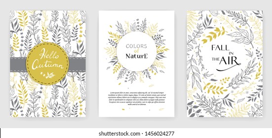 Gold color invitation with floral branches. Autumn cards templates for save the date, wedding invites, greeting cards, postcards