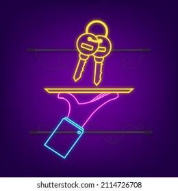 Gold color keys handing over hand on white background. Neon. Vector stock illustration.