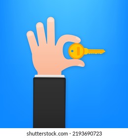 Gold color keys handing over hand on blue background. Vector stock illustration.