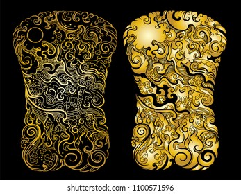 gold color Line Thai tattoo design.traditional thailand style,cloud and fire tattoo.Line Thai water wave design for tattoo.Japanese wave for tattoo background.