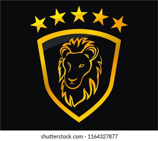 gold color lion head silhouette in shield logo design illustration with line art style for premium security corporate