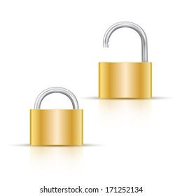 Gold color locked and unlocked padlock Icon isolated on white