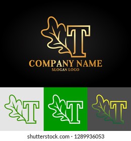 Gold color luxury logo combines alphabet letters and oak leaves
