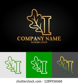 Gold color luxury logo combines alphabet letters and oak leaves