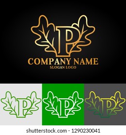 Gold color luxury logo combines alphabet letters and oak leaves