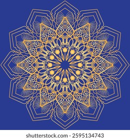 Gold color mandala art isolate on blue background. Oriental Mandala design.