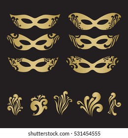 Gold color masquerade mask silhouettes with decorative elements on black background