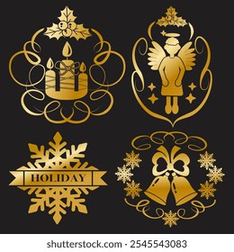 gold color Merry Christmas emblems on black background