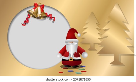 Gold color Merry Christmas greeting card background with santa claus and christmas tree