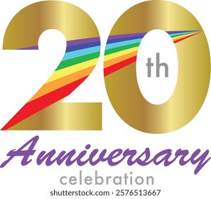 gold color number 20 with rainbow stripes color inside and word anniversary celebration are at the bottom.