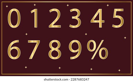 gold color numbers 0 to 9 and % , vector illustration.