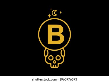 Gold color on dark background of B initial letter in skull circle