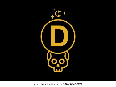 Gold color on dark background of D initial letter in skull circle