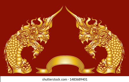 Gold color on red ,Thai Dragon silhouette and paper cut style, Line Thai is Thailand Style and Tattoo design.The Naga is a wild animal in the Himmapan Forest.