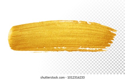 Gold color paint brush banner. Vector abstract golden smear stroke stain on transparent background. Shine detailed gold glittering textured wet paint stroke for party invitation card design template