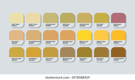 Paleta de colores dorados, Paleta de guías de colores dorados con nombres de colores. Catálogo Muestras de oro con códigos y nombres RGB HEX. Vector de la paleta de colores del oro de Fashion Trend. Pintura, Colores de oro de la fruta con amarillo