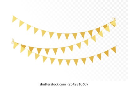 Gold color party triangle flags decoration on transparent background. Golden bunting garland.