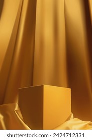 Gold color podium on gold fabric wave background with the luxury concept . branding and product presentation . Museum or gallery backdrops for products