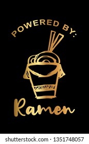 Gold Color "Powered By: Ramen" Funny Text with Noodles Icon. Vector Illustration for Graphic Design, Template, Shirt, Background and more.